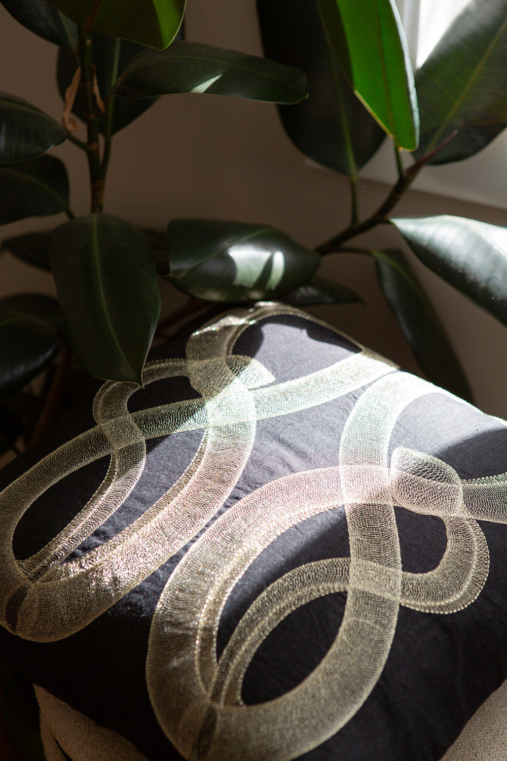 Serpens Embroidered Throw Pillow In Black Linen