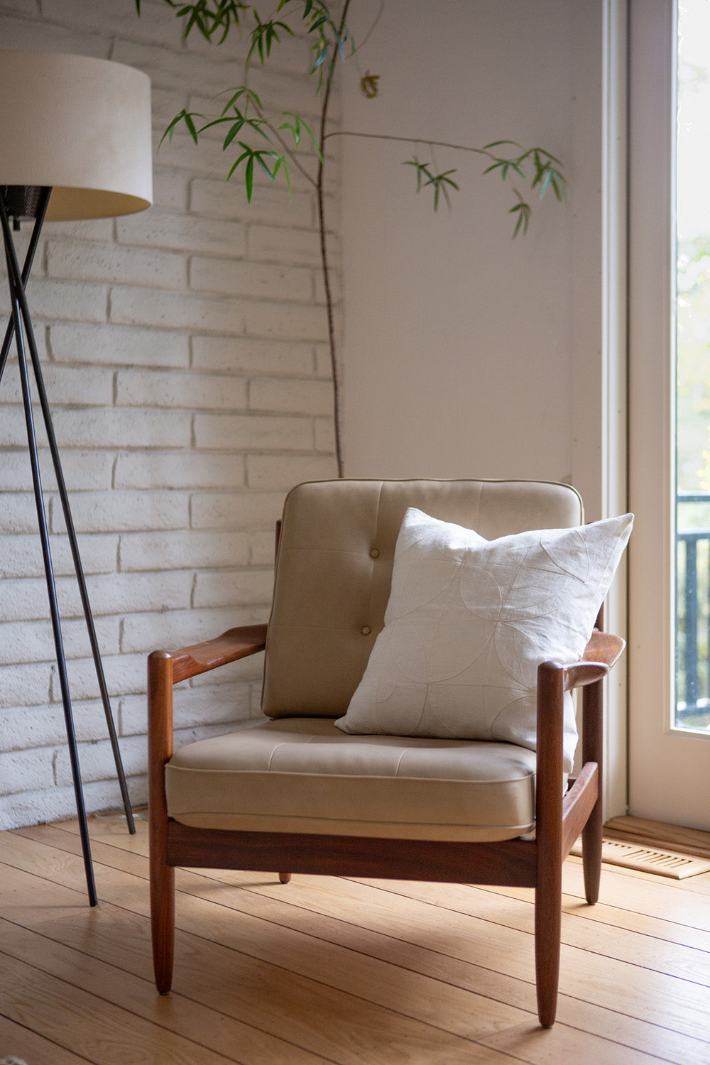 Hand-Appliqué White Linen Throw Pillow in 'Toward the Light'