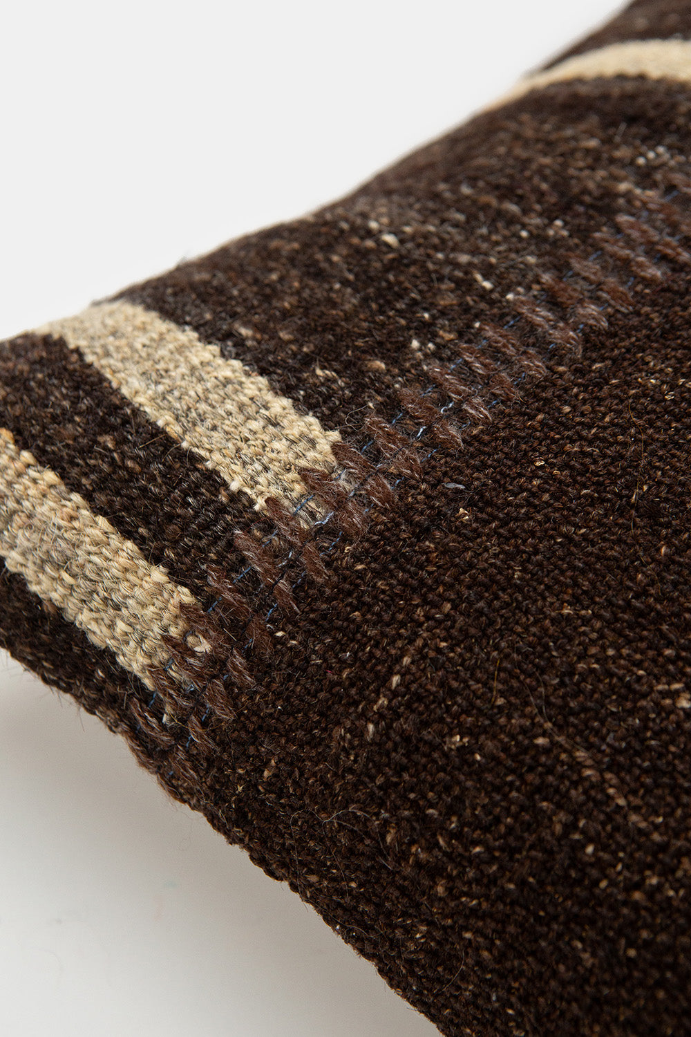 Vintage Kilim Throw Pillow In Dark Brown And Natural With Brown Stitching