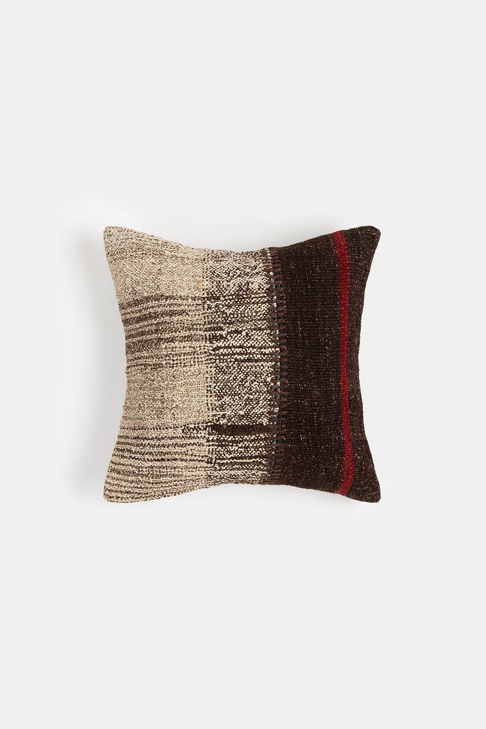 Vintage Kilim Throw Pillow In Dark Brown And Natural With Red Stripe