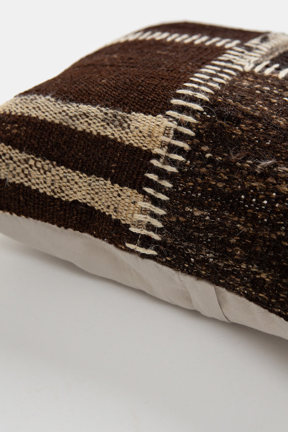 Vintage Kilim Throw Pillow In Dark Brown with Natural Stitching