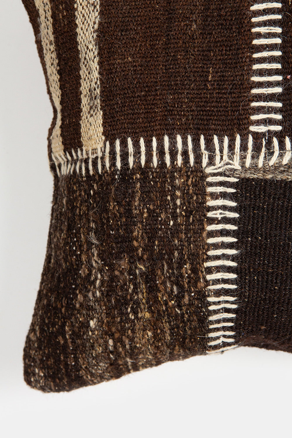 Vintage Kilim Throw Pillow In Dark Brown with Natural Stitching