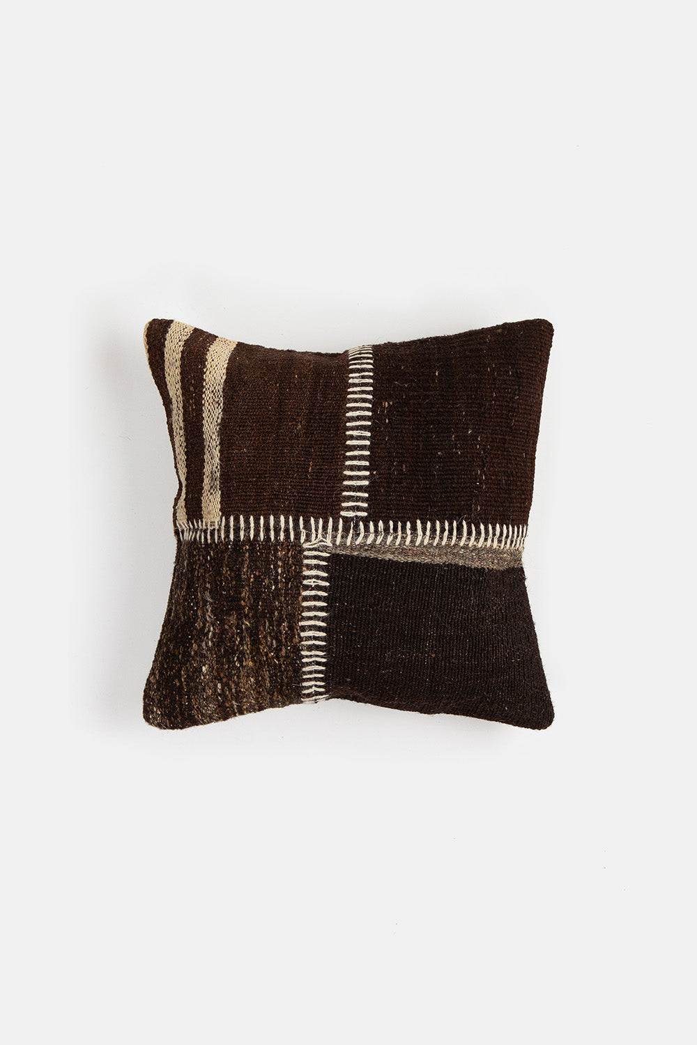 Vintage Kilim Throw Pillow In Dark Brown with Natural Stitching
