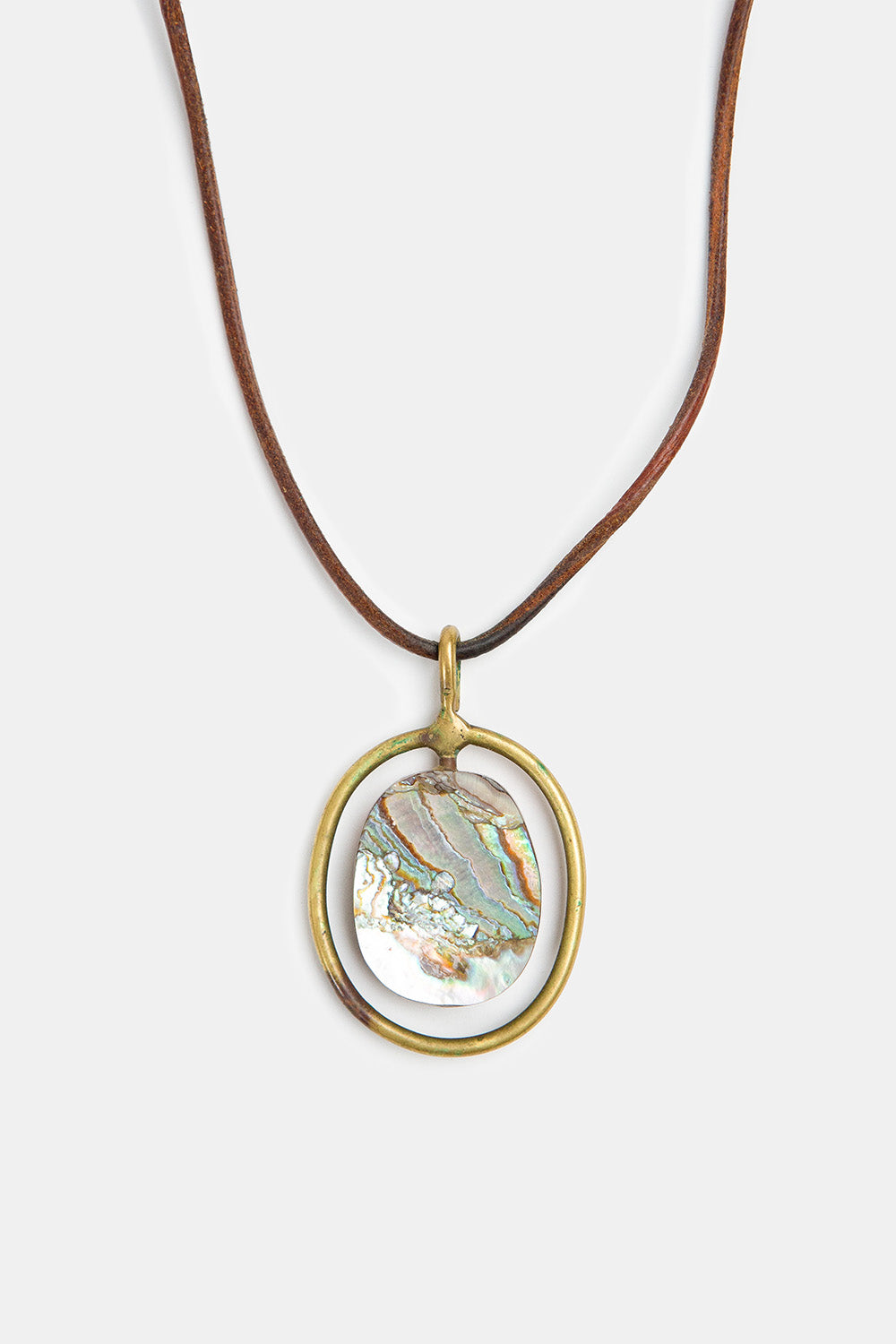 1970s Abalone, Brass, and Leather Necklace