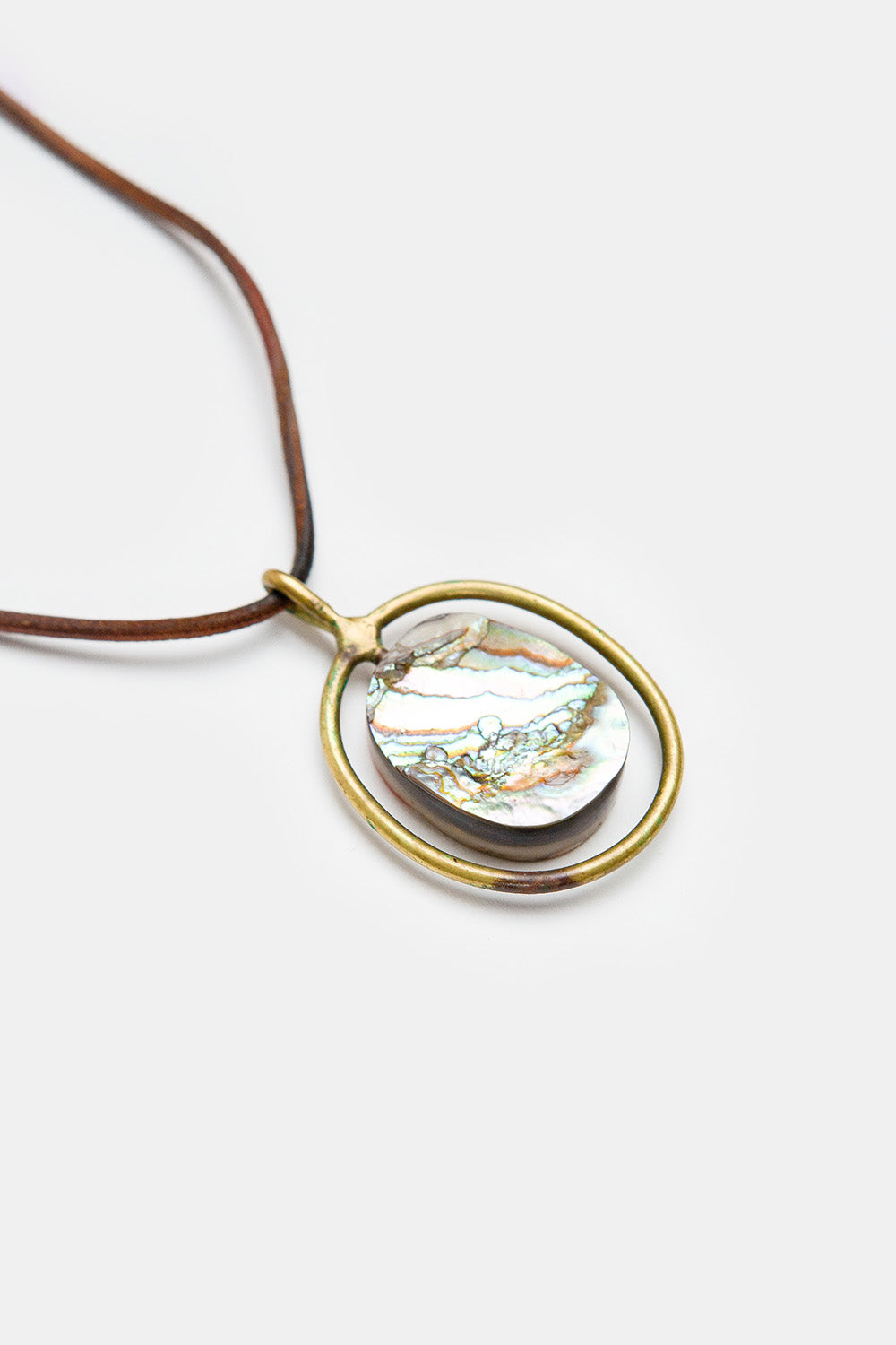 1970s Abalone, Brass, and Leather Necklace