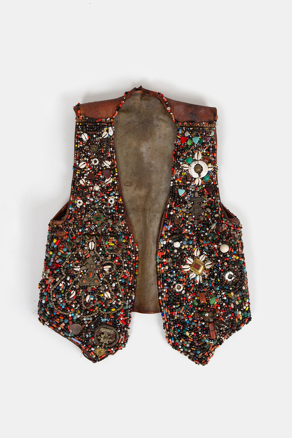 Berber Leather Vest Adorned With Glass, Stone, Metal Beads