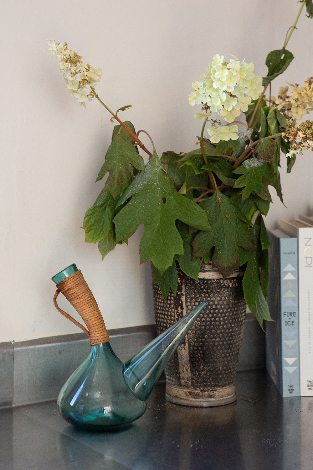 Ratan and Blue Glass Porrón Wine Decanter