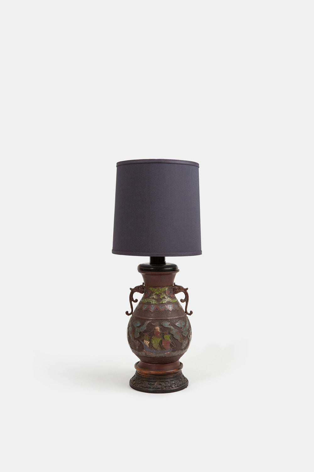 Chinese Cloisonné Bronze and Enamel Lamp with Linen Shade