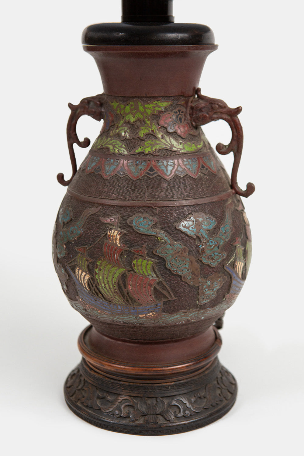 Chinese Cloisonné Bronze and Enamel Lamp with Linen Shade