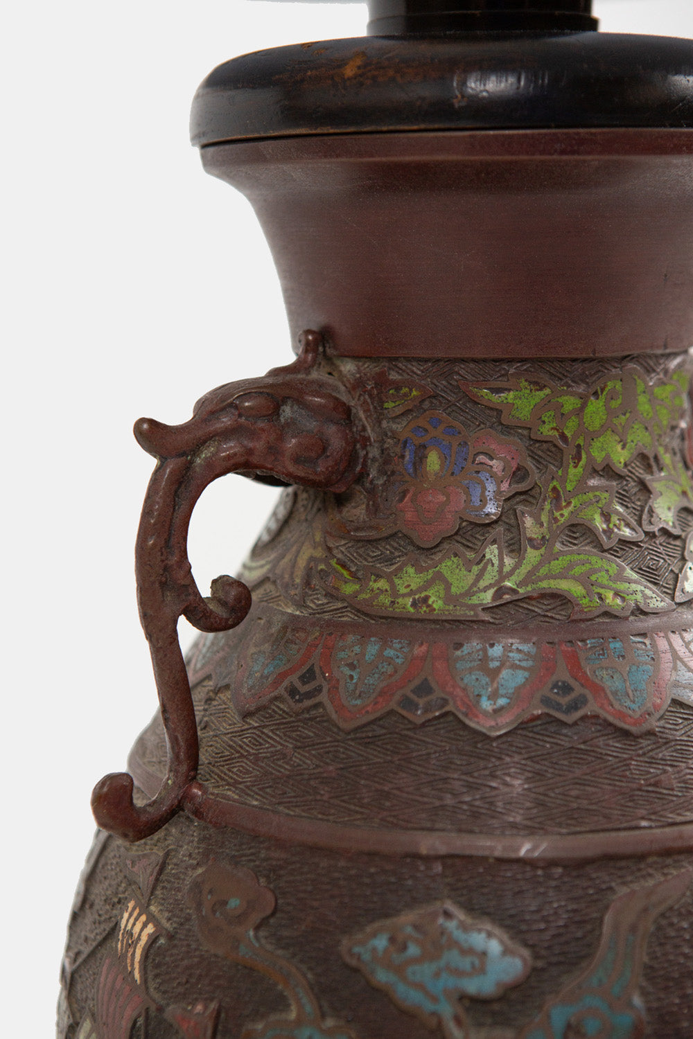 Chinese Cloisonné Bronze and Enamel Lamp with Linen Shade