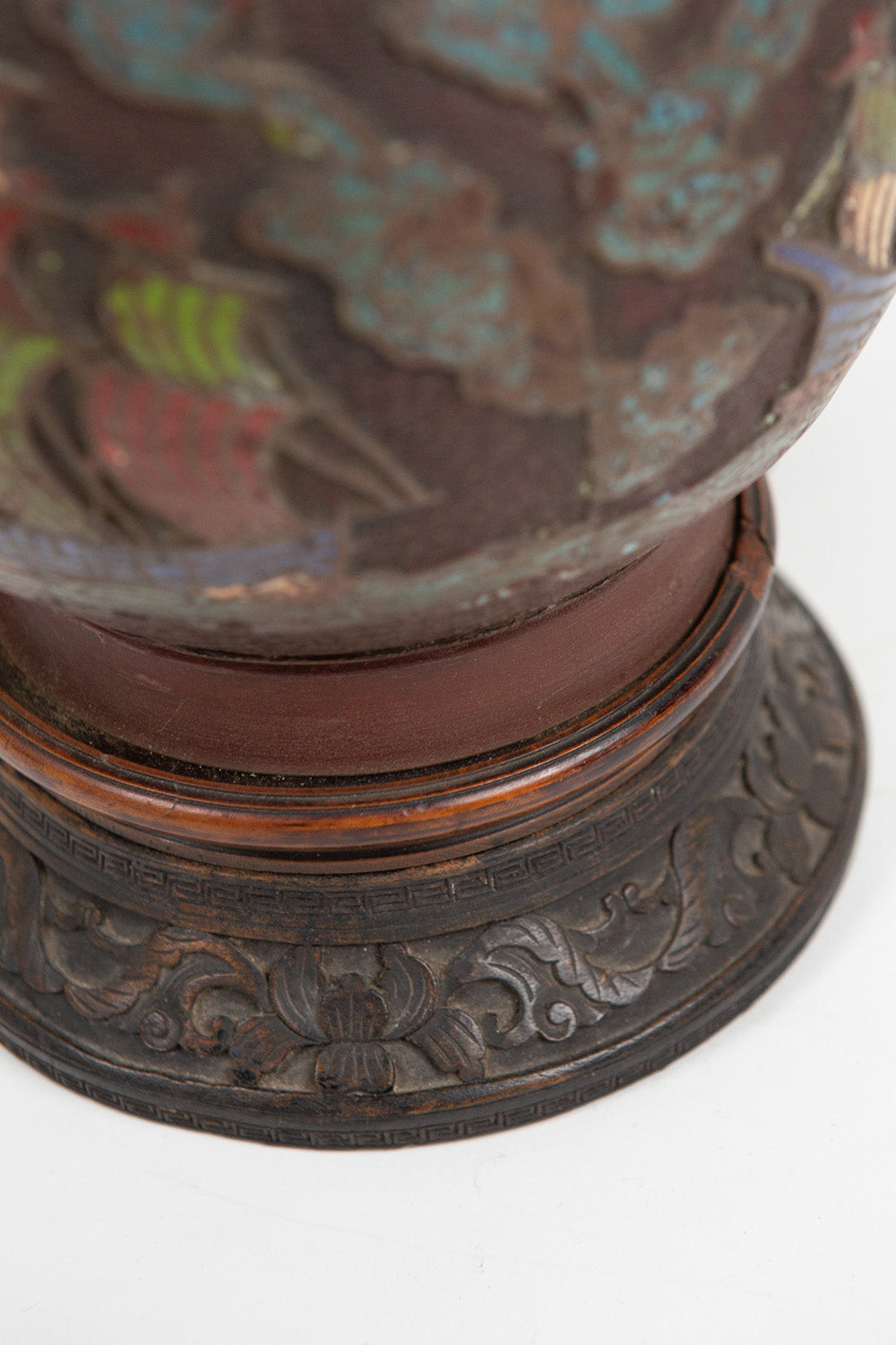 Chinese Cloisonné Bronze and Enamel Lamp with Linen Shade
