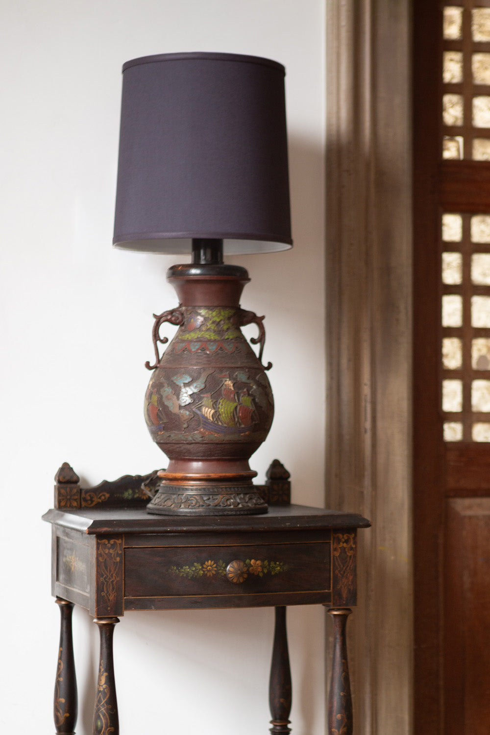 Chinese Cloisonné Bronze and Enamel Lamp with Linen Shade