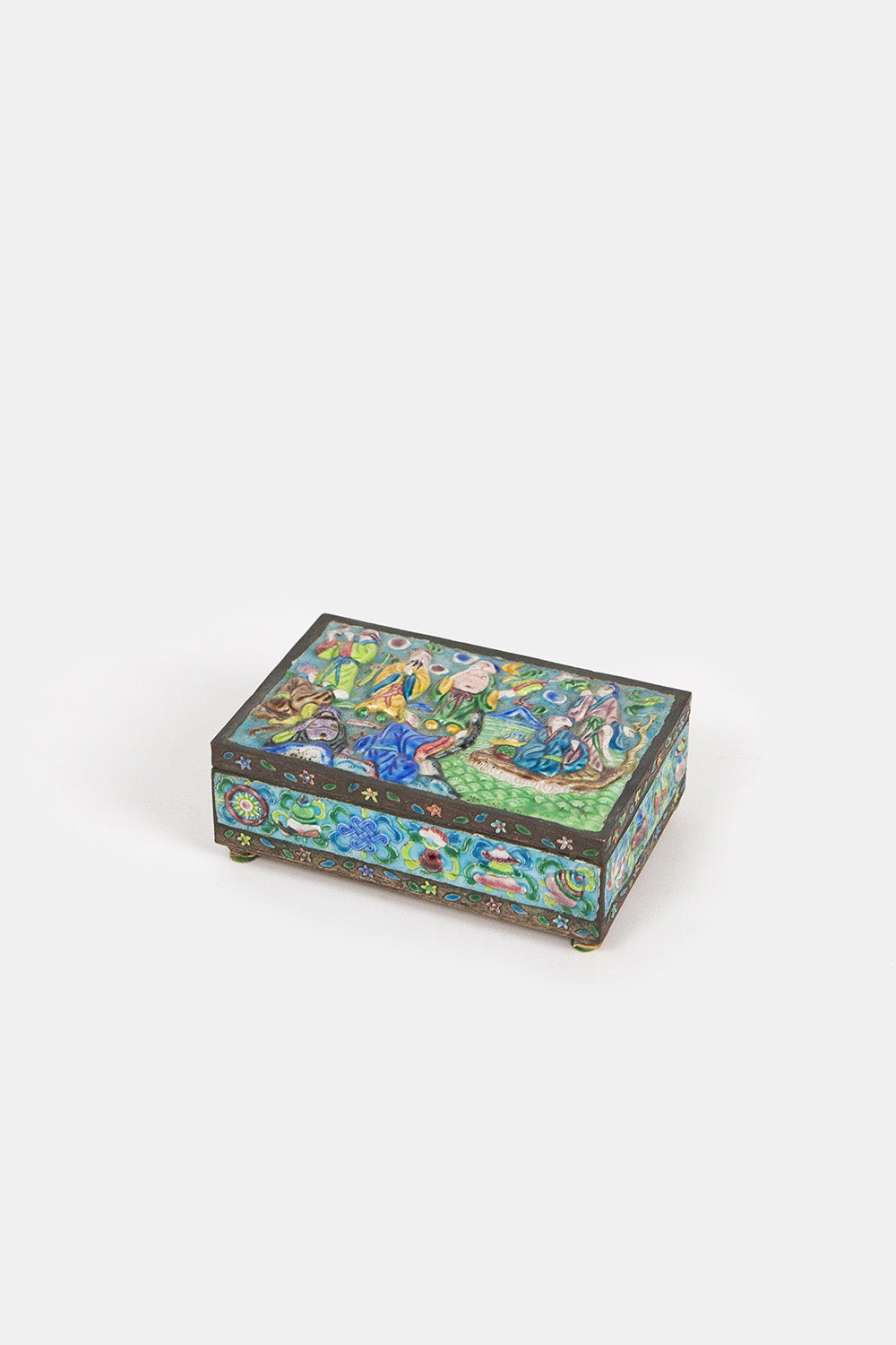 Medium Chinese Pale Blue Enamel Box With Mirrored Lid