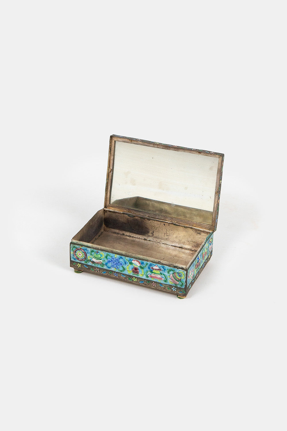 Medium Chinese Pale Blue Enamel Box With Mirrored Lid