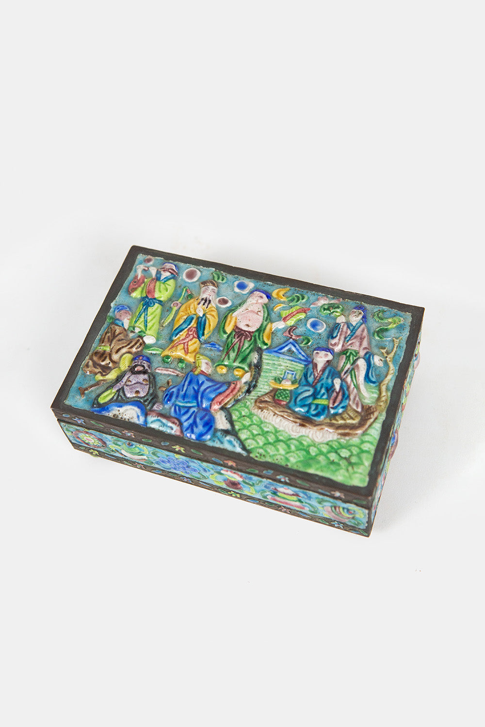 Medium Chinese Pale Blue Enamel Box With Mirrored Lid