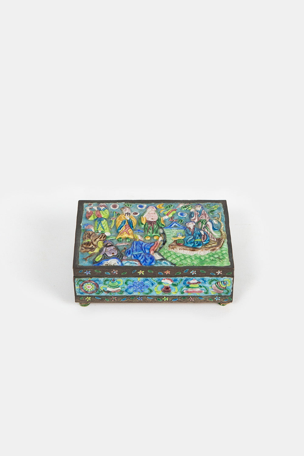 Medium Chinese Pale Blue Enamel Box With Mirrored Lid