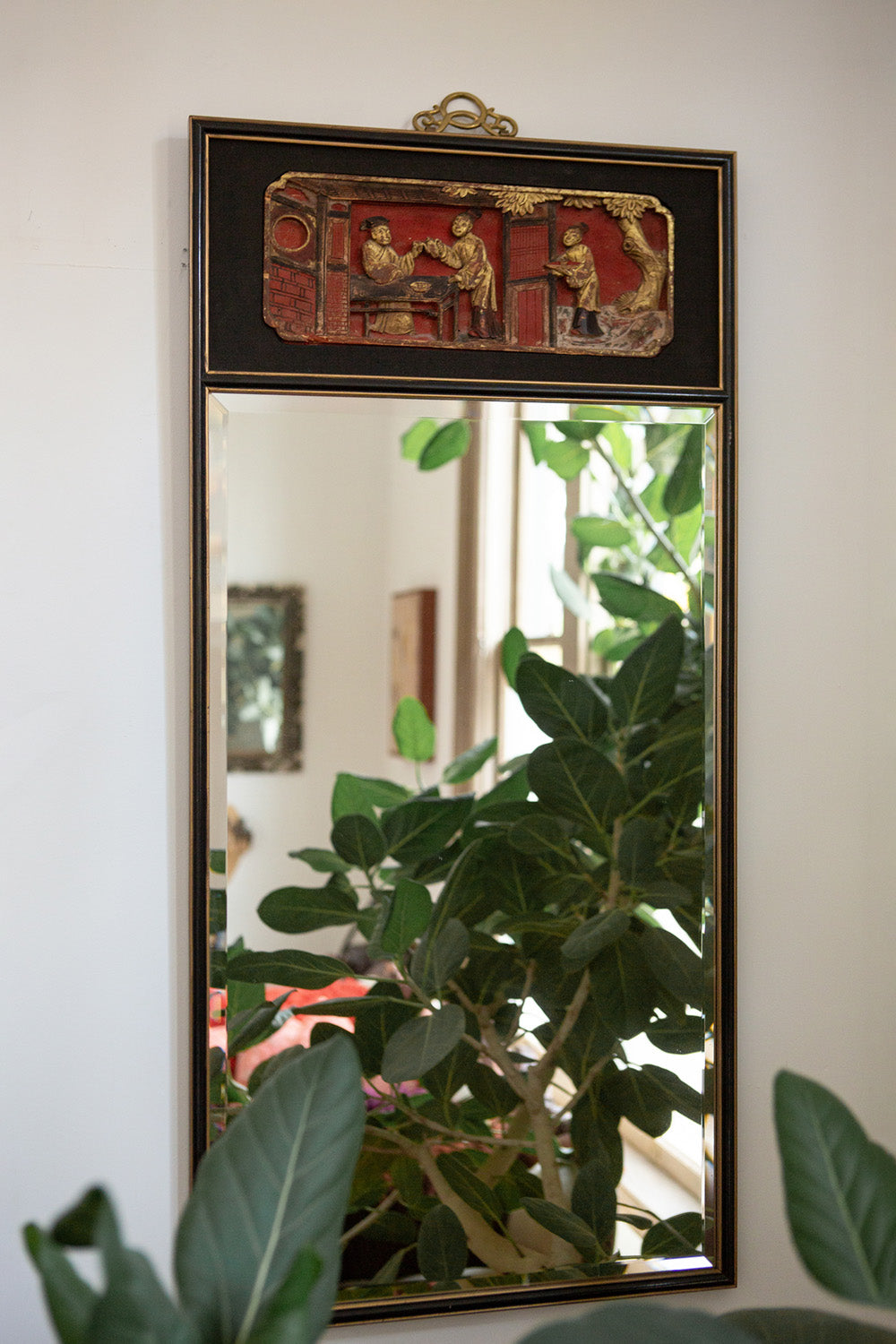 Chinese Gilt Figural Ebonized Wood Mirror