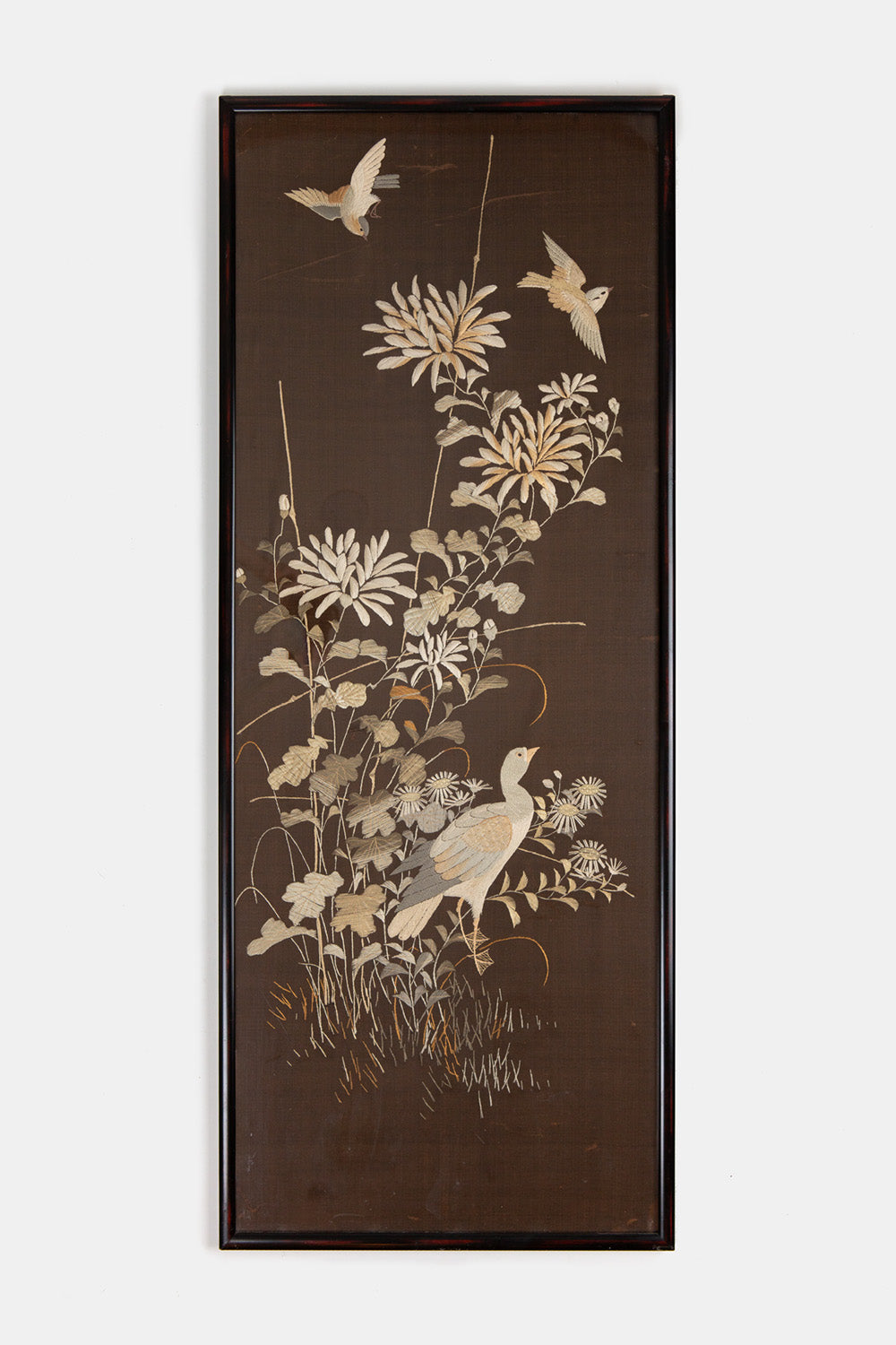 Pair of Chinese Embroidered Silk Bird and Flower Panels