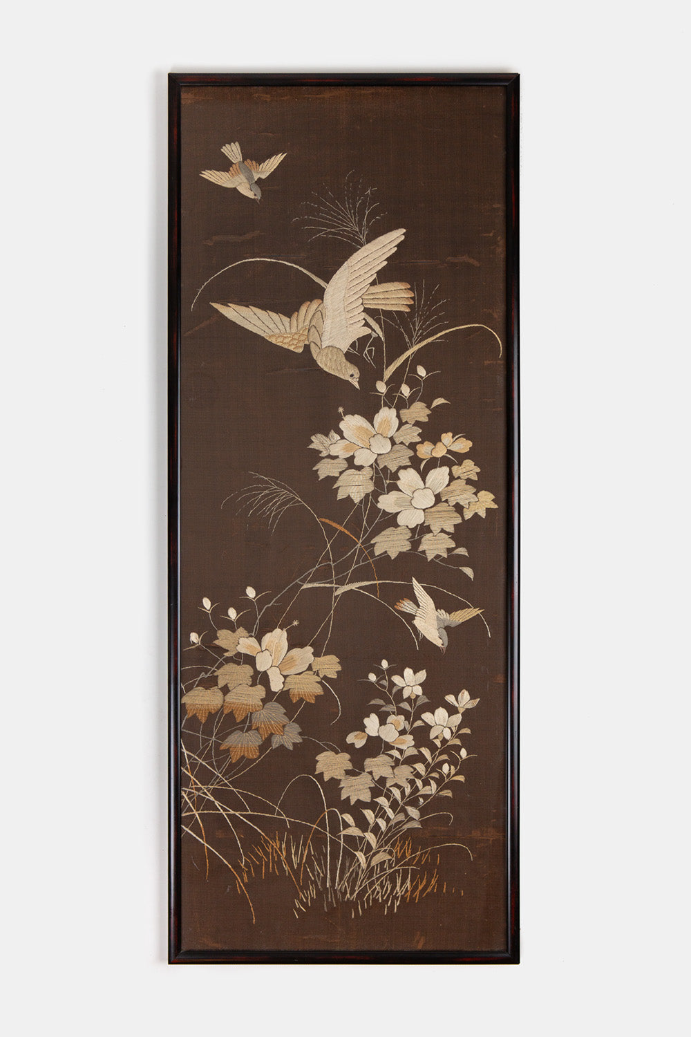 Pair of Chinese Embroidered Silk Bird and Flower Panels