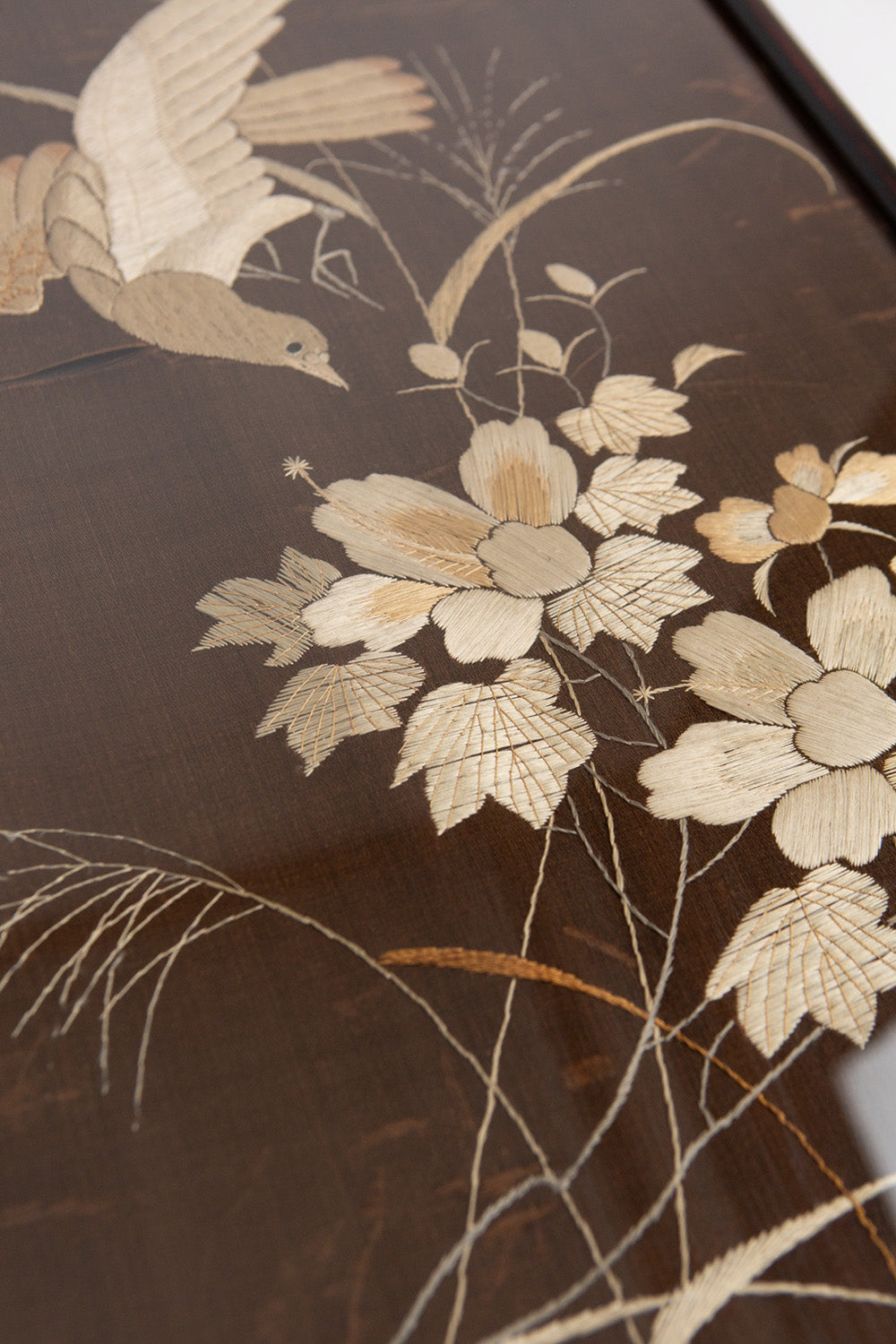 Pair of Chinese Embroidered Silk Bird and Flower Panels