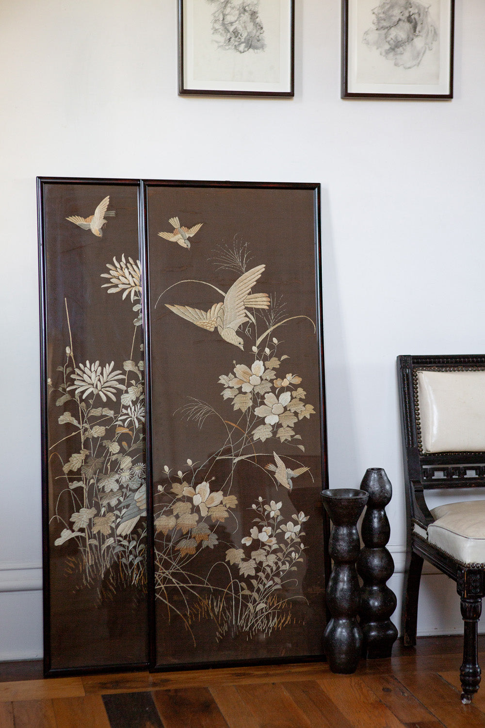Pair of Chinese Embroidered Silk Bird and Flower Panels