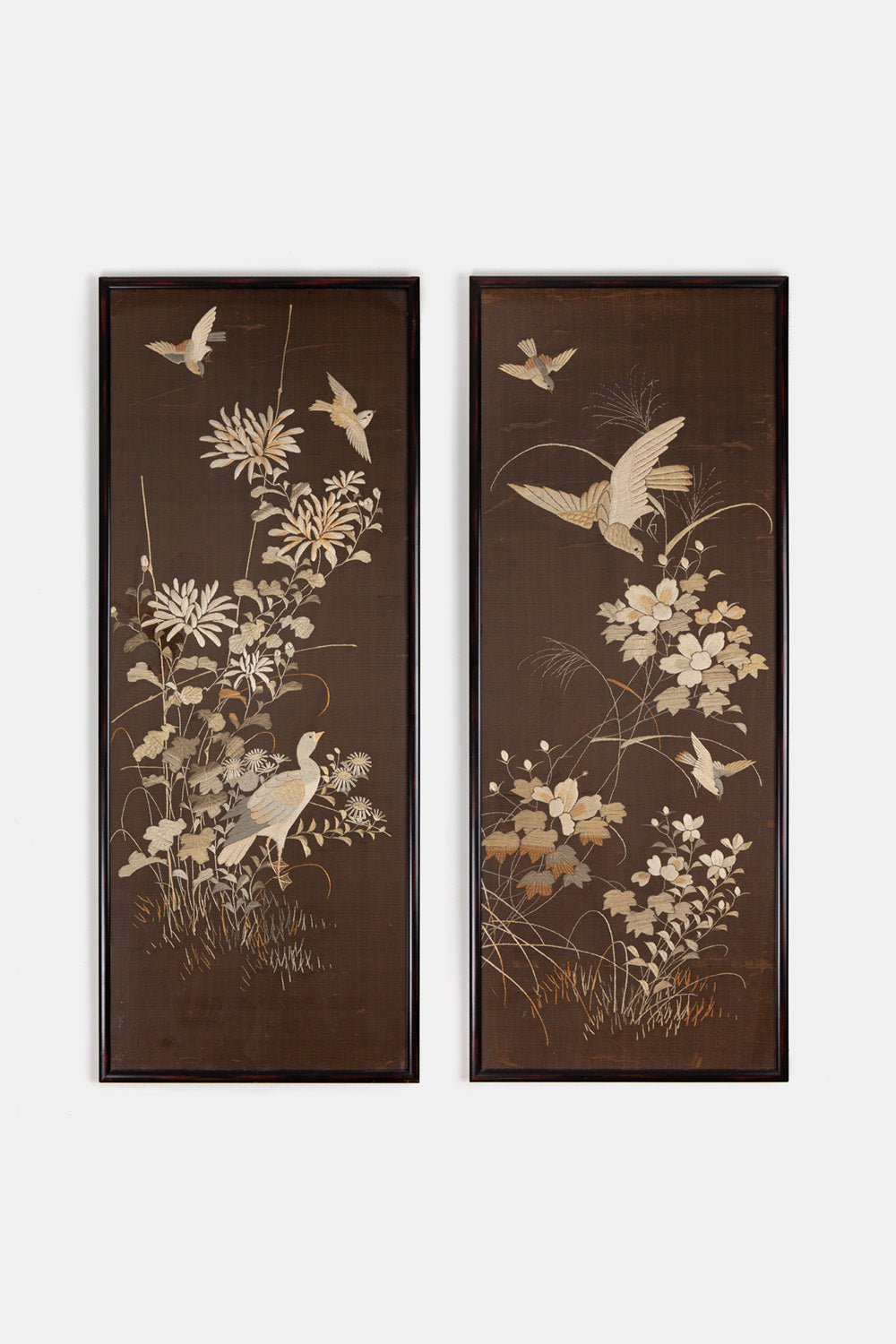 Pair of Chinese Embroidered Silk Bird and Flower Panels