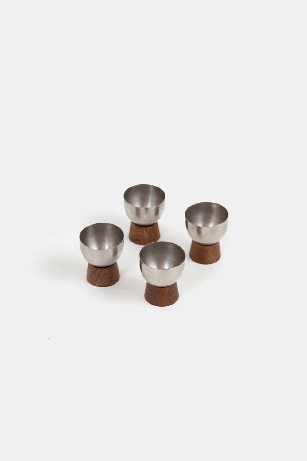Set of Four Mid-Century Walnut & Metal Egg Cups