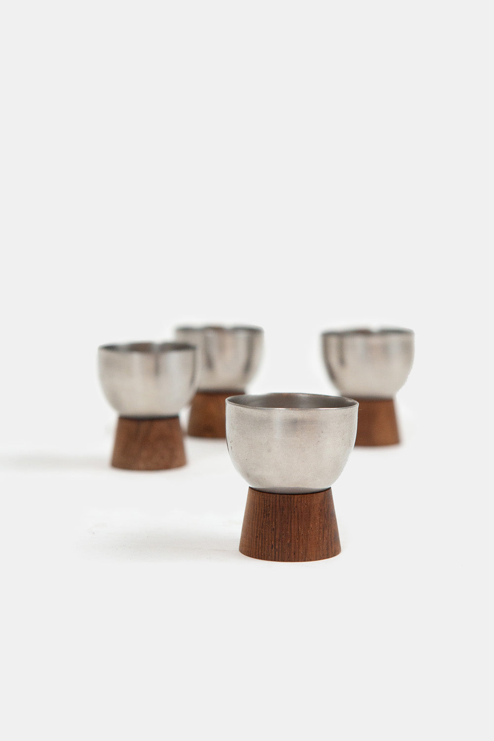 Set of Four Mid-Century Walnut & Metal Egg Cups