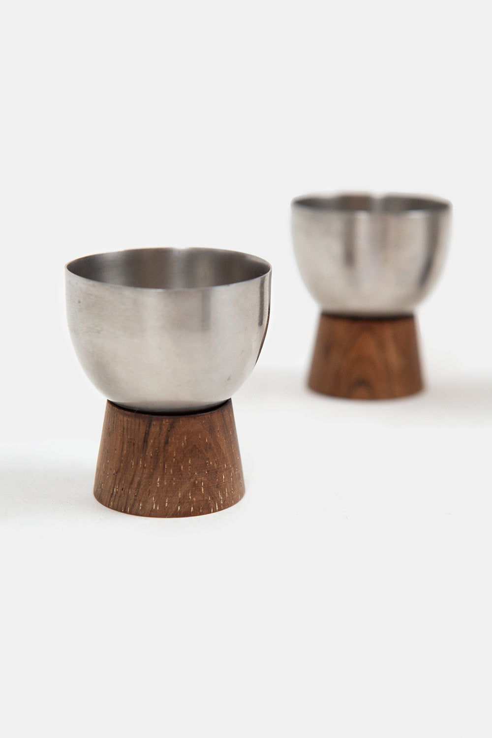 Set of Four Mid-Century Walnut & Metal Egg Cups
