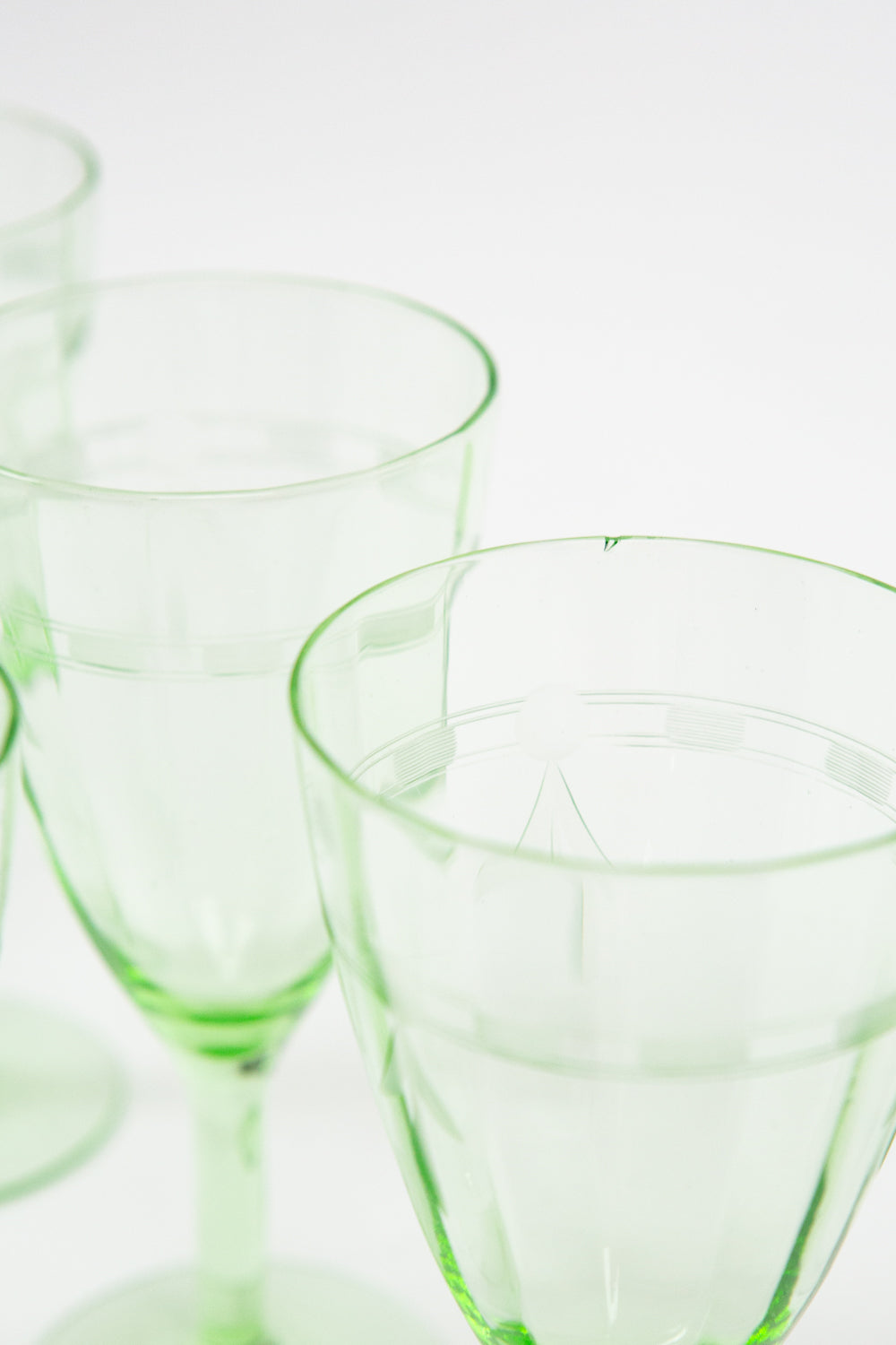 Set of 6 Etched Green Wine Glasses