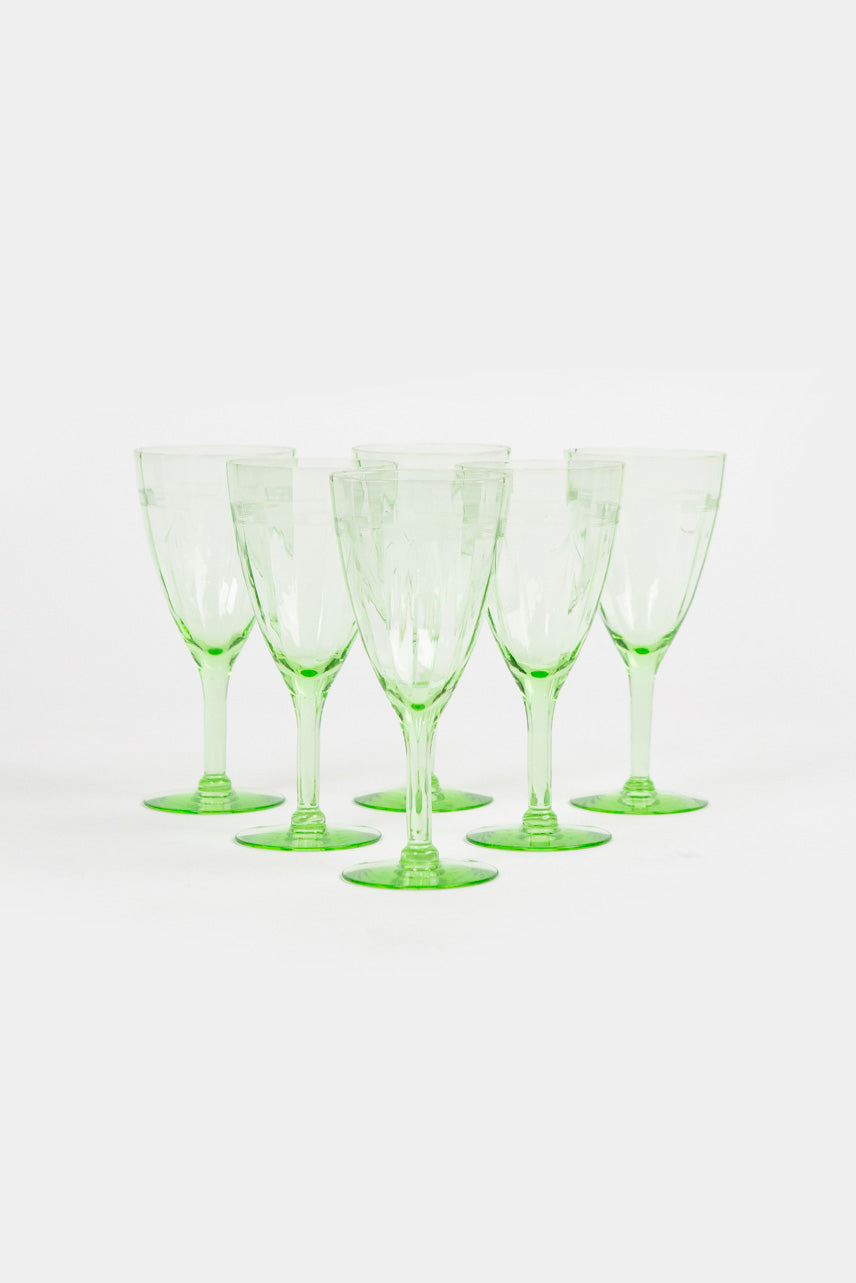 Set of 6 Etched Green Wine Glasses