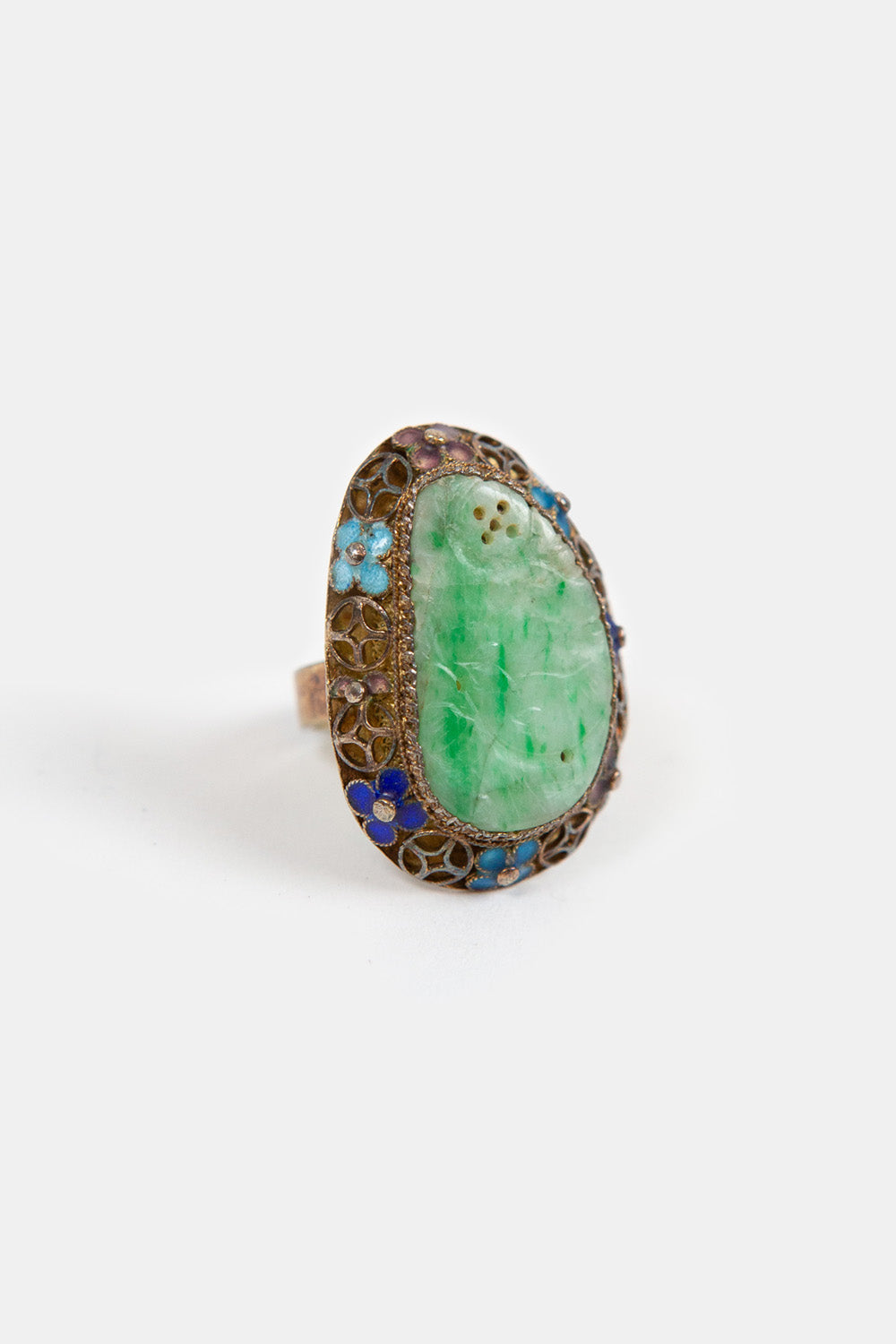 10K Gold Jade and Enamel Ring