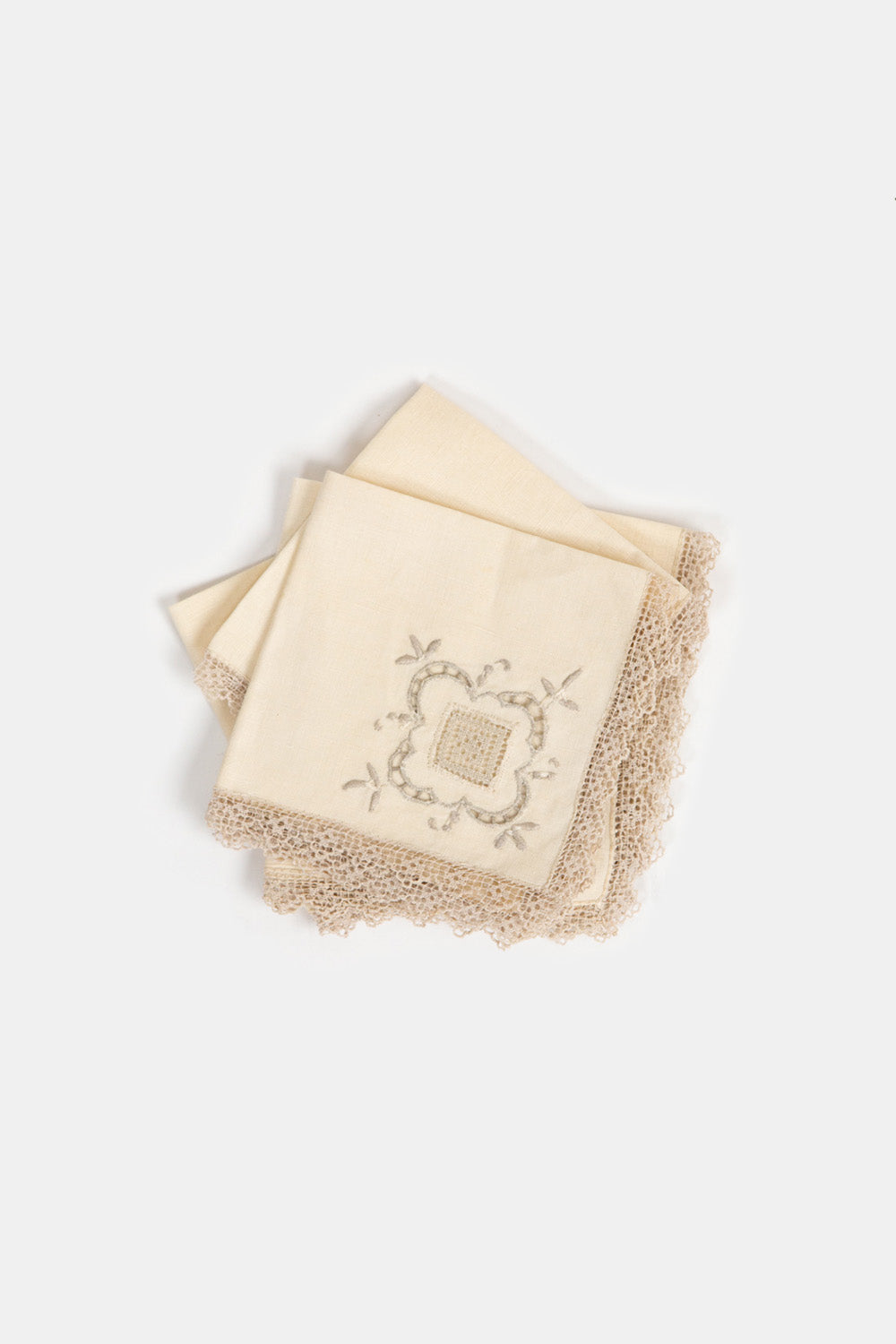 Set of 6 Linen Embroidered Cocktail Napkins with Lace Trim