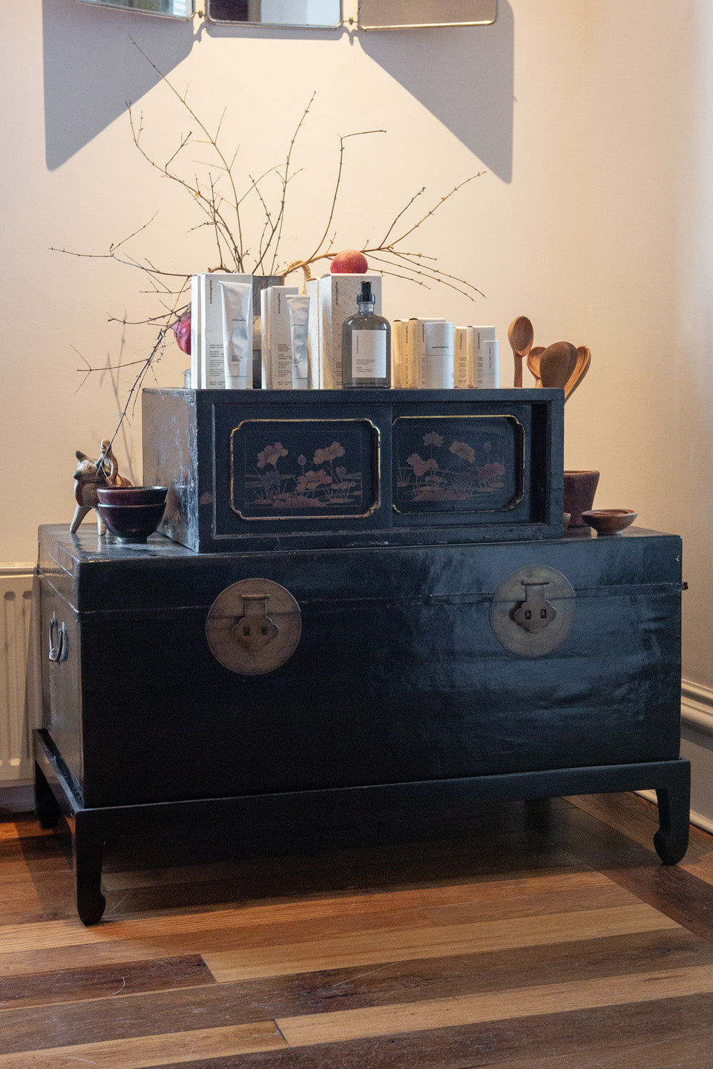 Chinese Black Lacquer Trunk on Stand