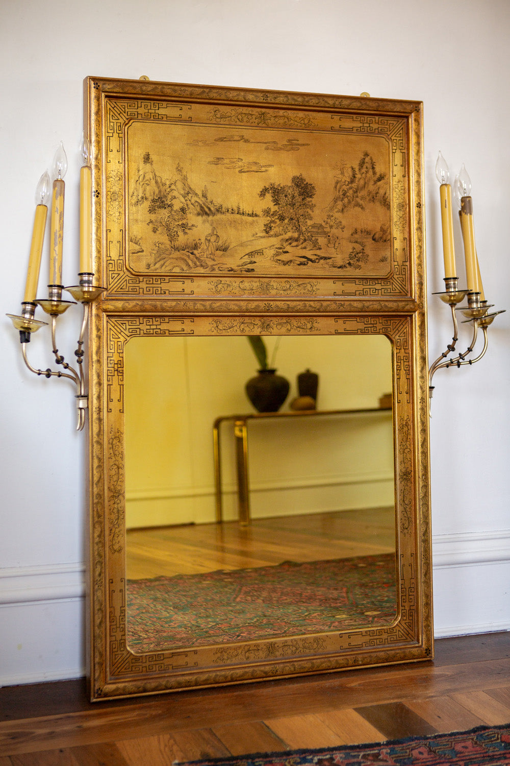 Pair of Italian Chinoiserie Giltwood Girandole Trumeau Mirrors