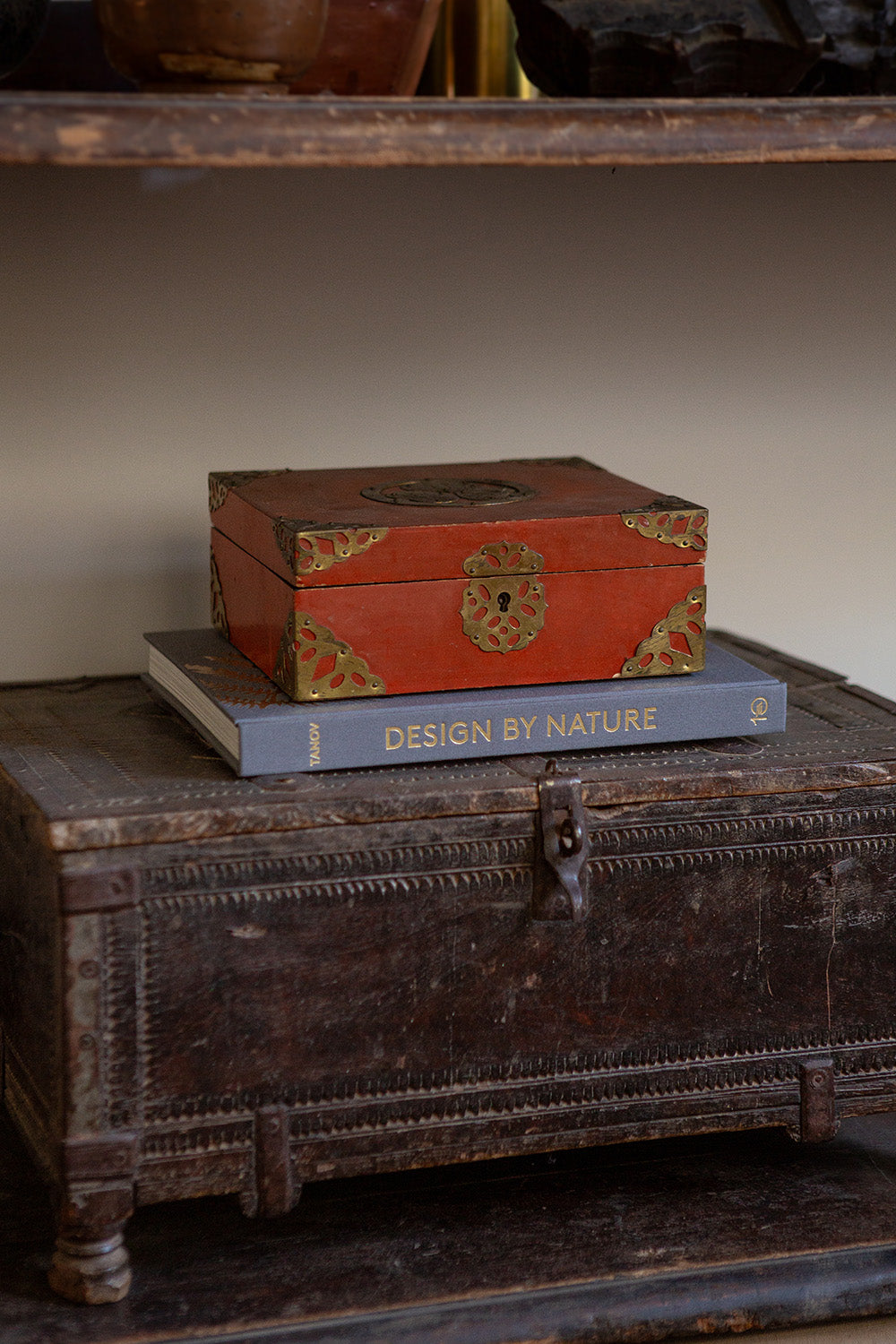 Chinese Lacquer and Brass Adorned Box