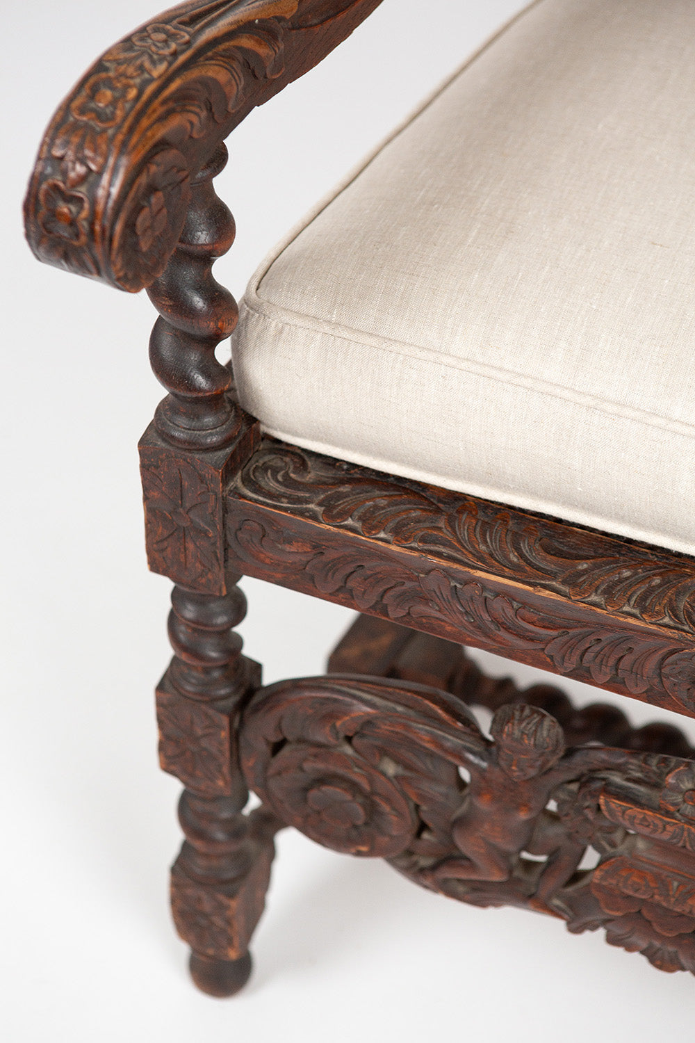 Renaissance Revival Carved Gothic Chair with Bespoke Linen Cushion