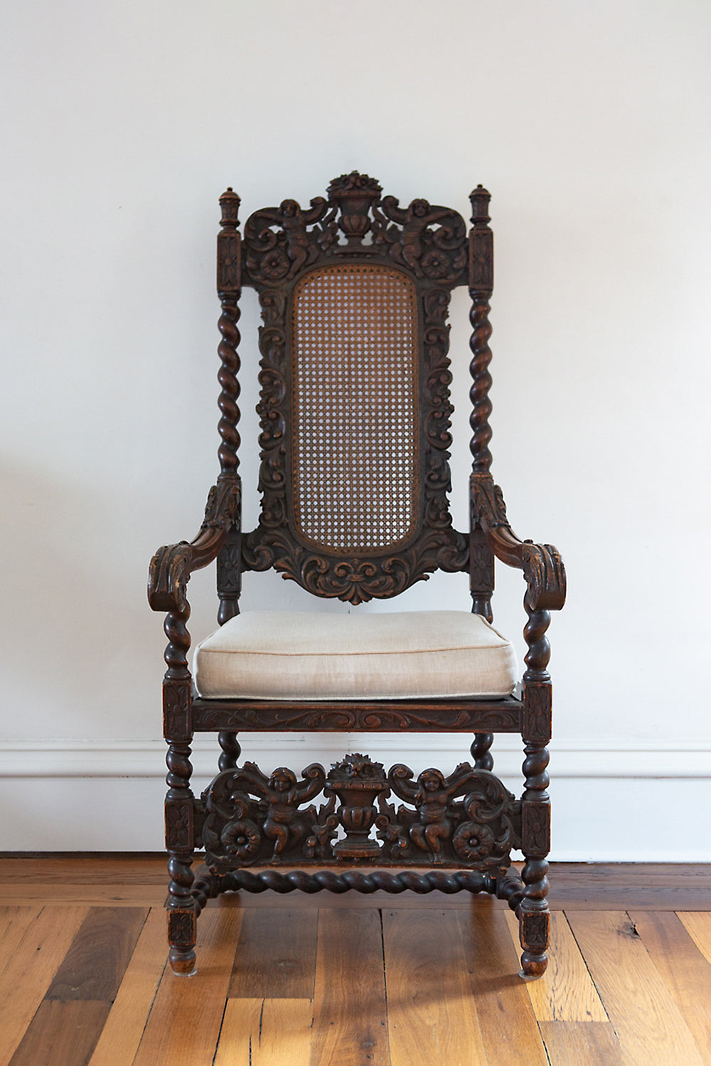 Renaissance Revival Carved Gothic Chair with Bespoke Linen Cushion