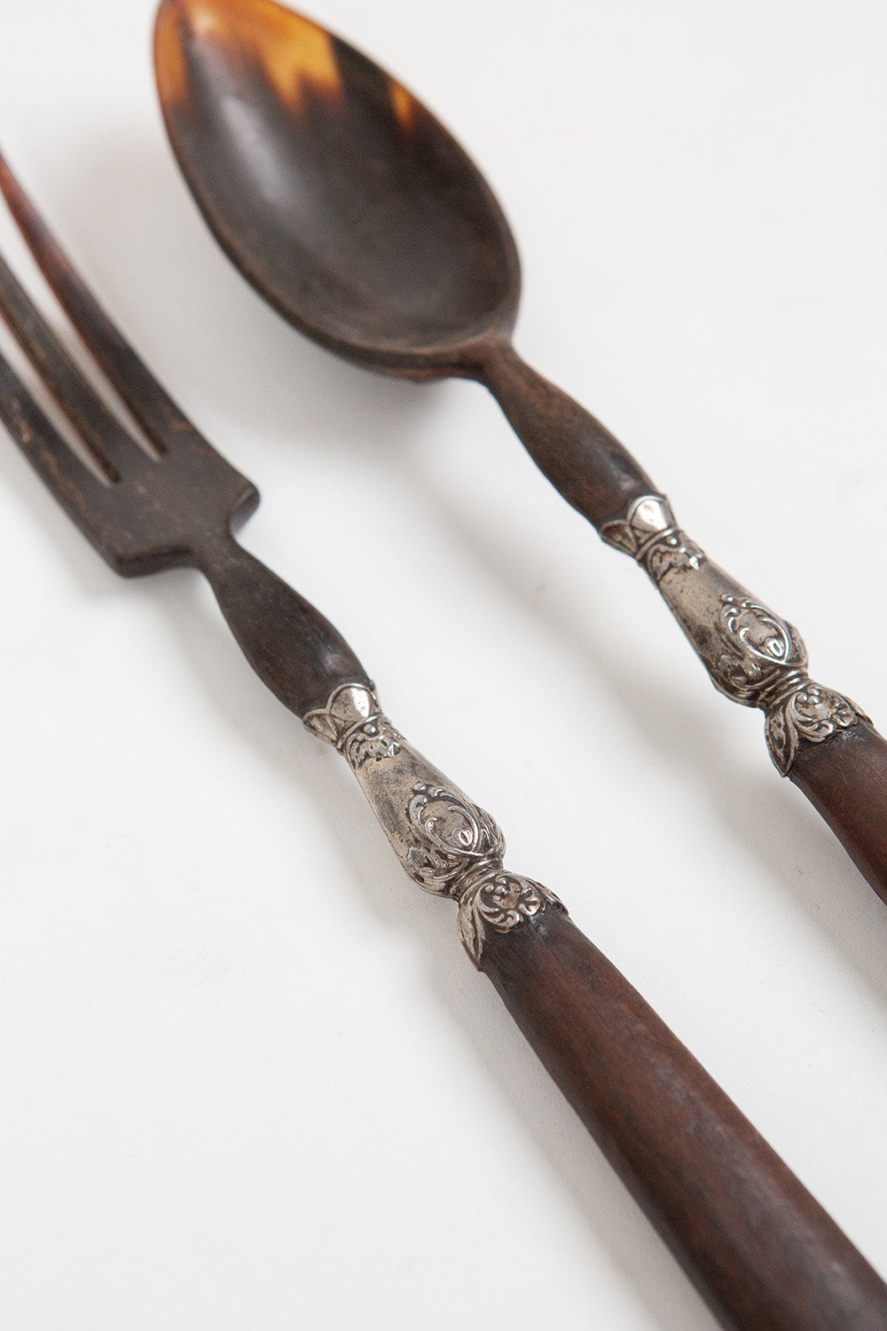 Antique Horn, Silver and Wood Salad Servers