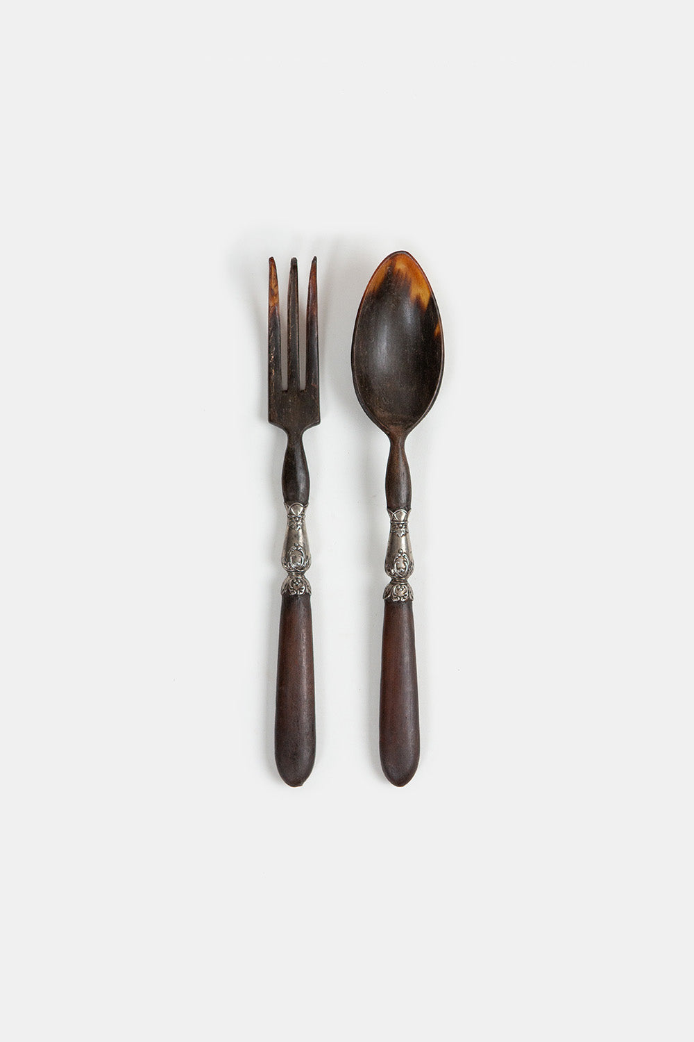 Antique Horn, Silver and Wood Salad Servers