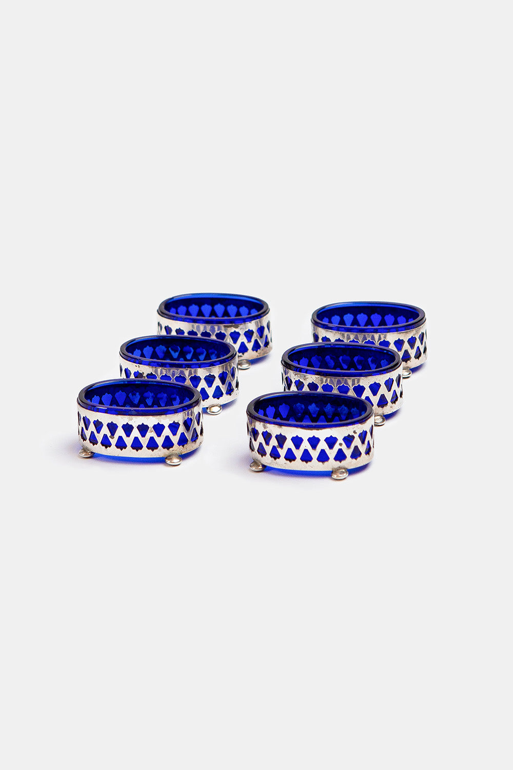 Silver Plated Salt Cellars With Cobalt Blue Glass Liners