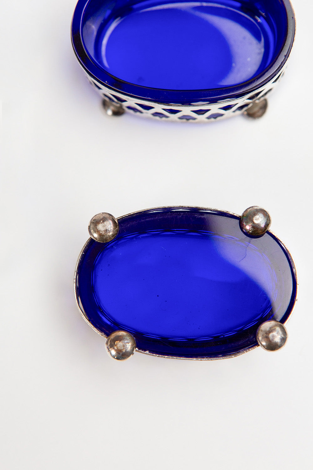 Silver Plated Salt Cellars With Cobalt Blue Glass Liners