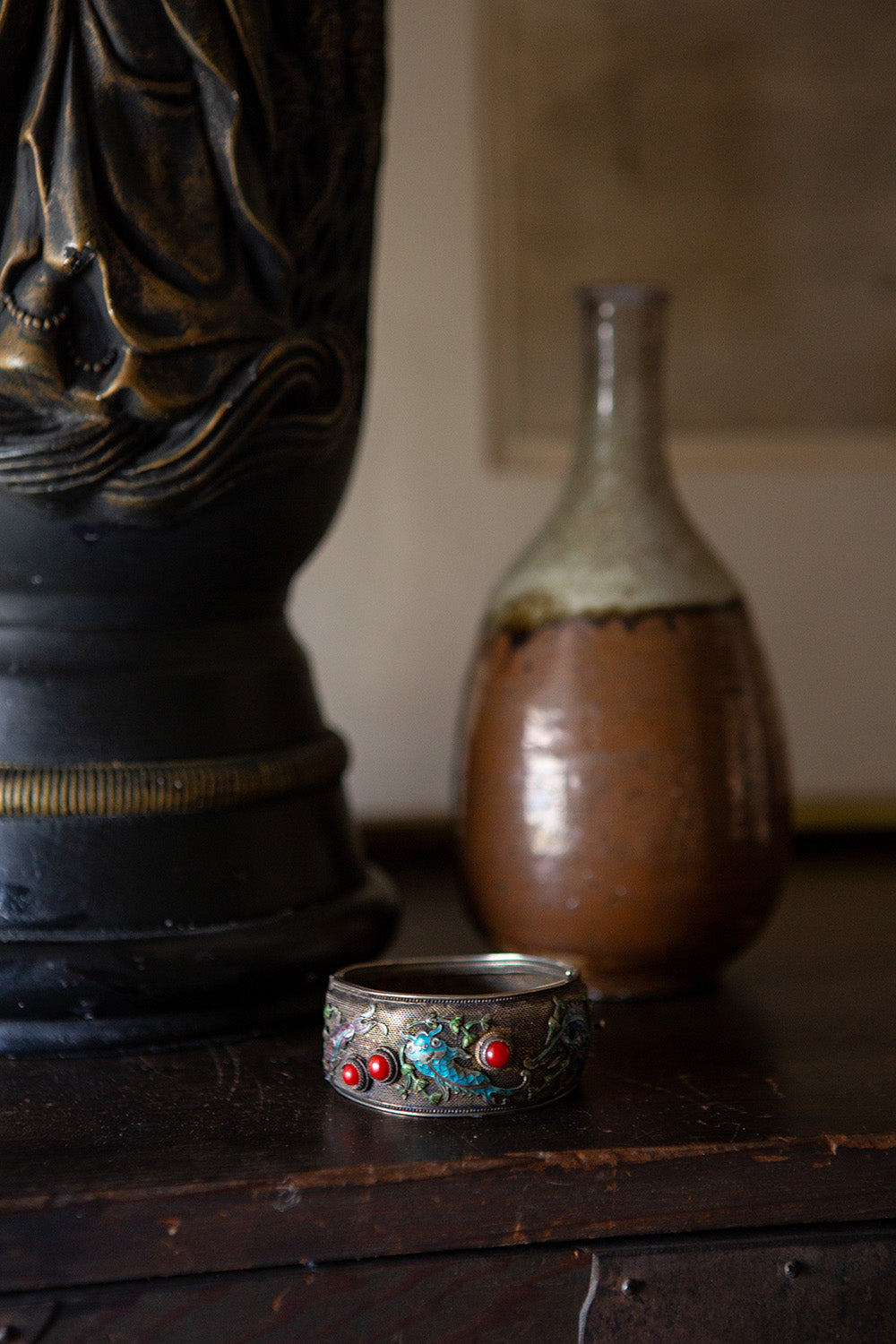 Chinese Enamel and Coral Silver Bracelet