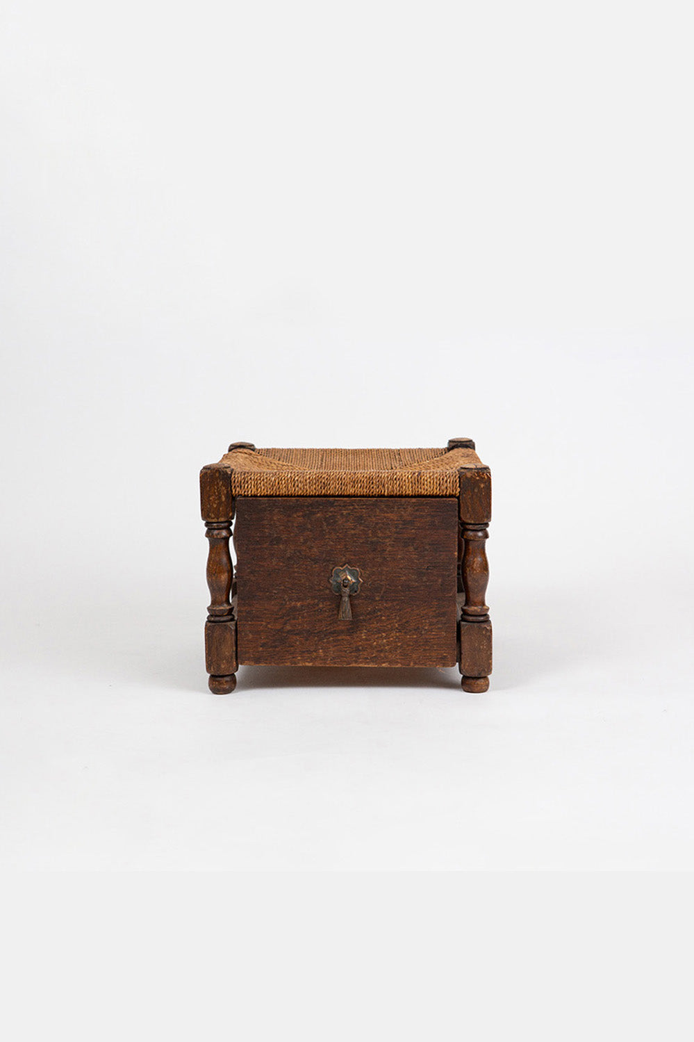 Spanish Revival Oak Rush Seat Foot Stool With Single Drawer