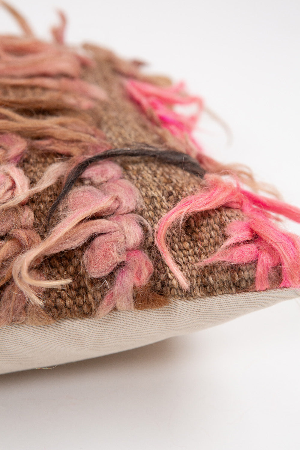 Vintage Turkish Tulu Shag Throw Pillow In Pink and Brown