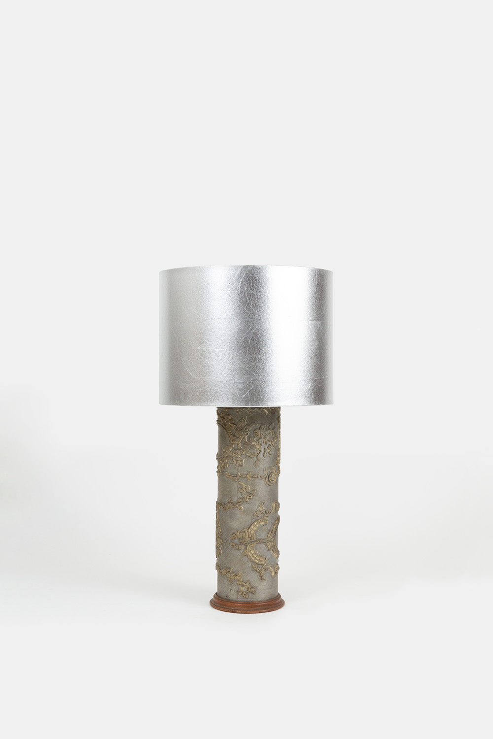 Wood and Brass Wallpaper Press Lamp with Bespoke Silver Leaf Shade