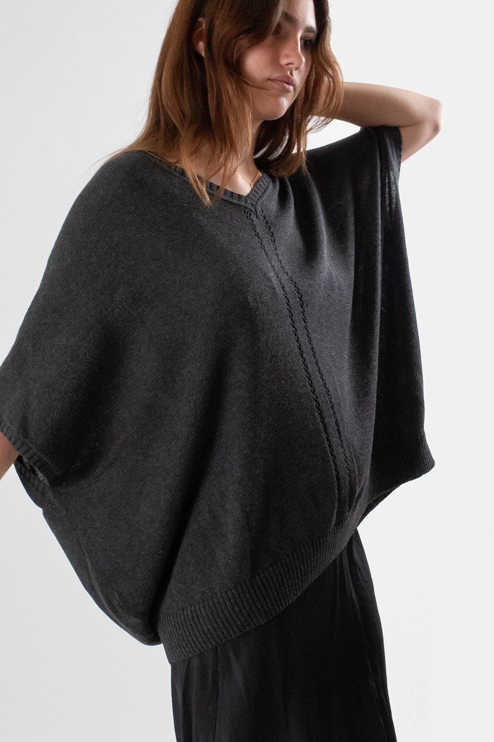 Pima Cotton V Neck Cocoon Sweater in Charcoal