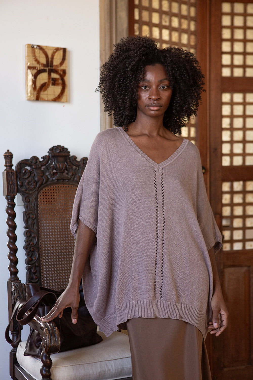 Pima Cotton V Neck Cocoon Sweater in Haze