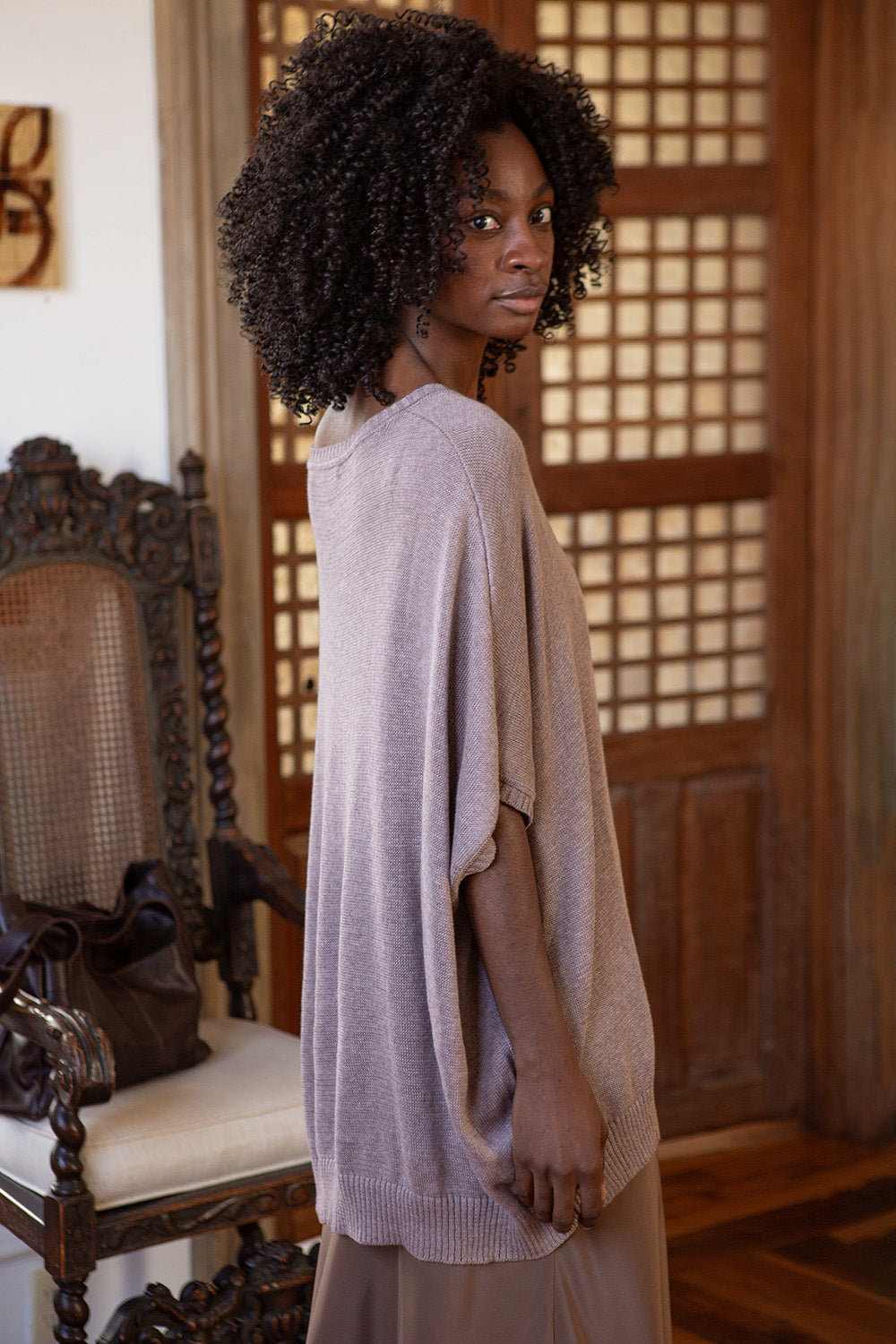 Pima Cotton V Neck Cocoon Sweater in Haze