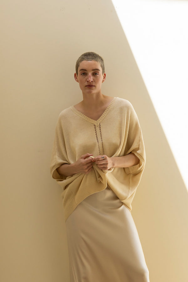 Pima Cotton V Neck Cocoon Sweater in Natural